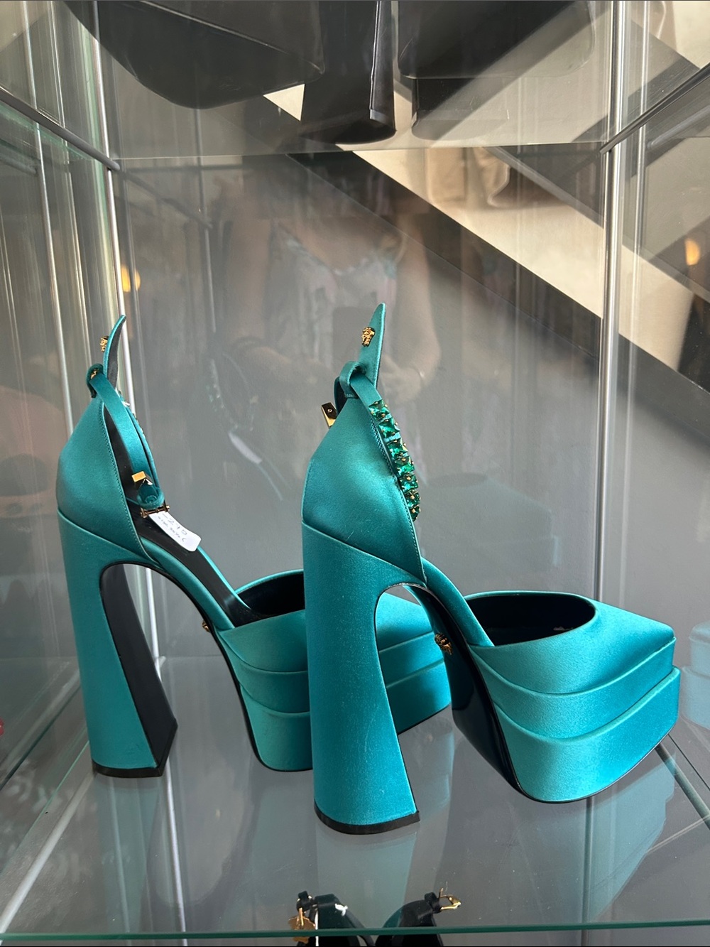 Versace Teal Platform Satin Heels with Jeweled Ankle Strap - Picture 5 of 6